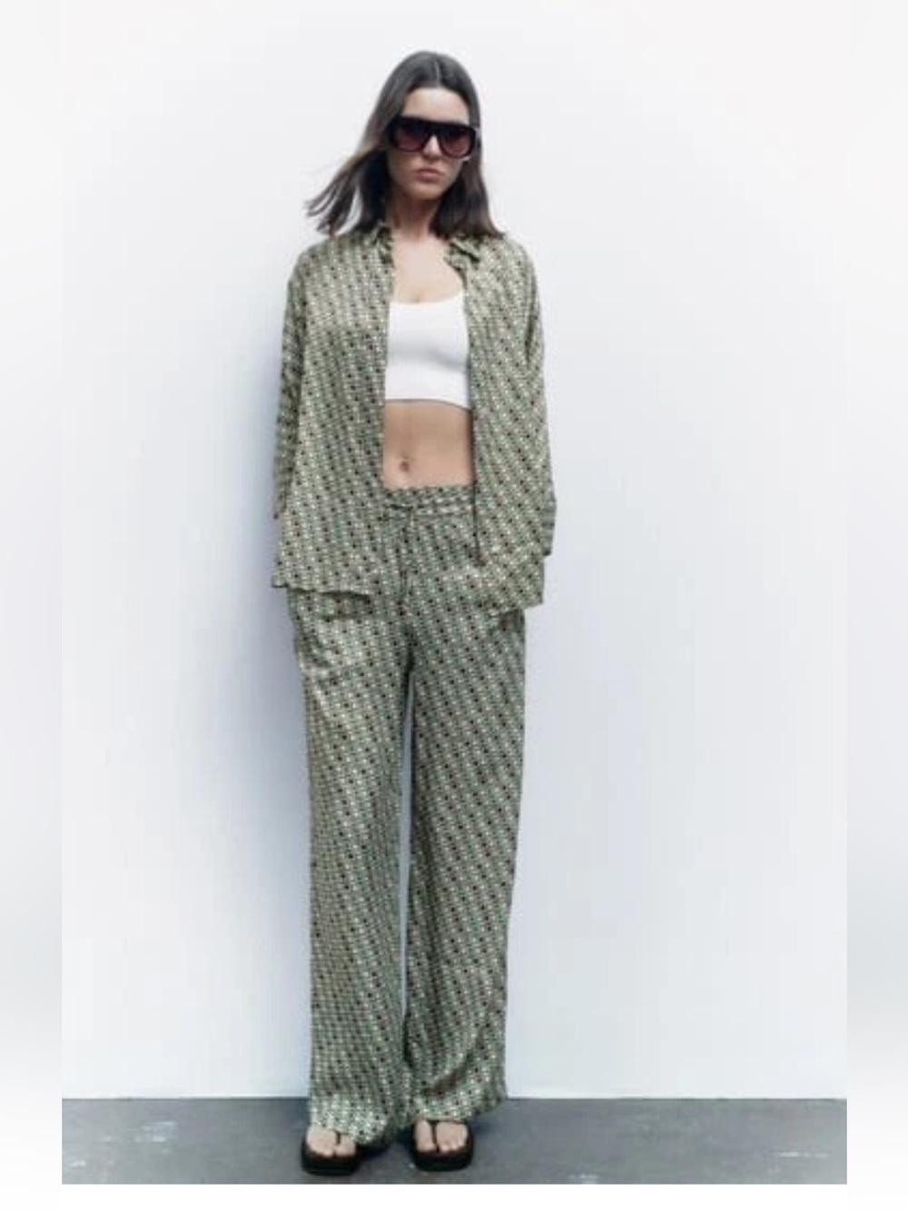 Zara black print geo high waist Green Geometric Wide Leg Pants satin silky ecru